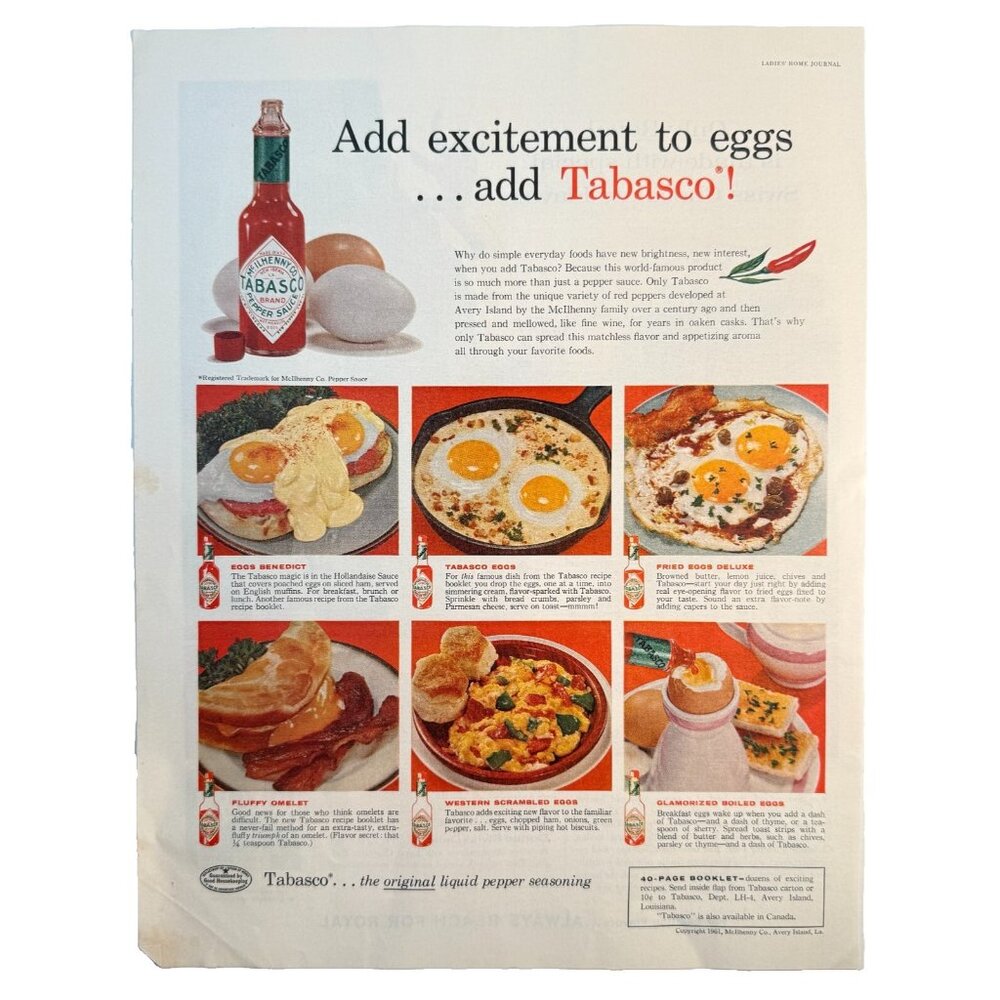 Vintage 1961 Tabasco Recipe Food Avery Island Advertisement Print Ad